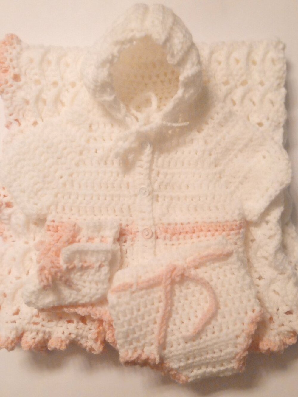 Handmade Crochet Baby Gift Set • White & Peach • Blanket Cardigan Hat Booties